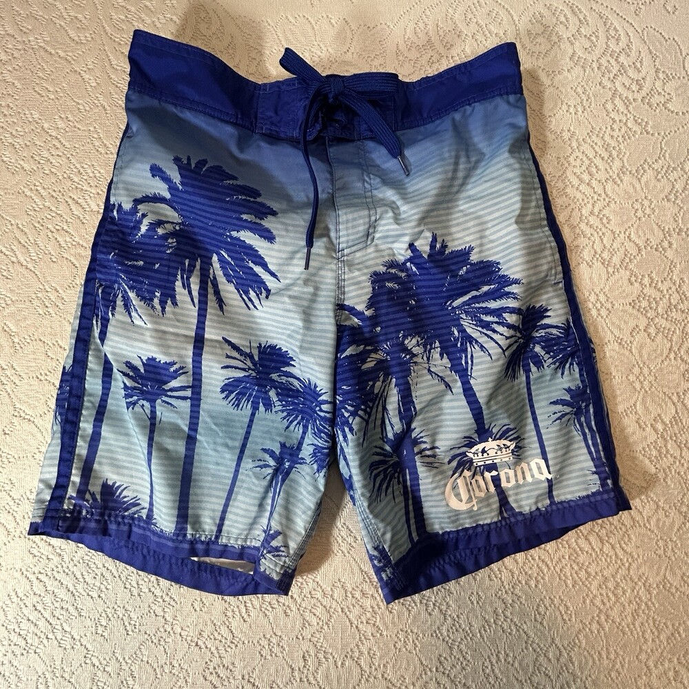 Vintage Corona Men Surf Beach Bermuda Swim Shorts Trunks Size M Blue Palm Trees
